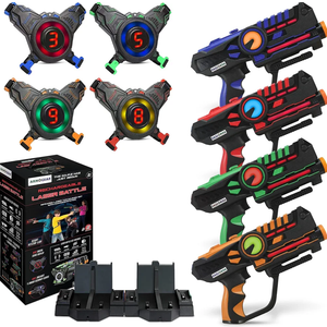ArmoGear Laser Tag Guns with Vests Set of 4 - Adult Laser Tag Guns, Multiplayer Lazer Tag Set for Kids, Teens, and Adults - Indoor and Outdoor Game for Family Fun - Gift for Boys and Girls, Ages 8+, Missing Parts, Missing One Gun, One Charger, One Mu