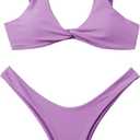 Bikini Set for Women Solid V Neck Knot Front Push Up High Leg Thong Two Piece Swimsuit Size Medium