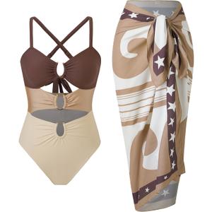 YUNIDMEIM Womens One Piece Swimsuits Retro Tummy Control Swimwear Set Bathing Suit Cover Up for Women with Wrap Skirt (Large, Brown)
