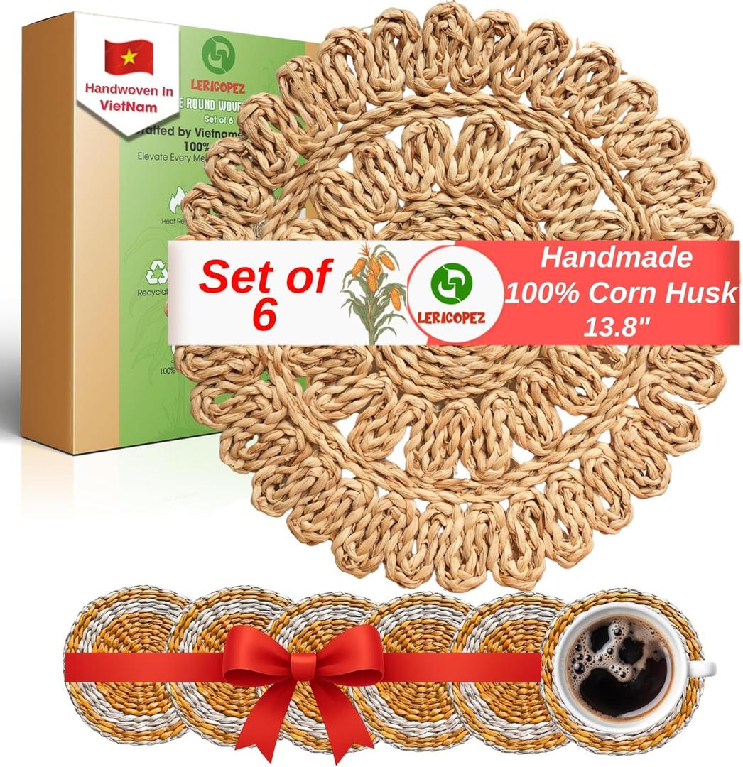 Handmade Round Woven Placemats Set of 6  Natural Corn Husk Woven Place Mats  Heat Resistant, Non-Slip Wicker Table Mats  Rattan Round Placemats  for Dining, Weddings, Christmas & New Year Dcor