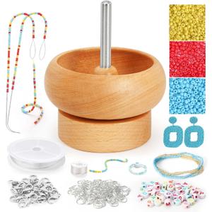 Tilhumt Bead Spinner for Jewelry Making, Effortless Rotating Wooden Bracelet Spinner with 50 Letter Beads, 3000 Seed Beads, 2 Big Eye Beading Needles for Making Seed Clay Beads Waist, Bracelets