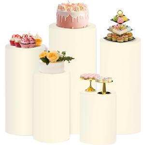 Set of 5 Spandex Cylinder Pedestal Stand Covers Beige Round Cylinder Tables Covers Cylinder Plinth Display Box Stand Covers for Party Wedding Baby Shower Birthday Decor