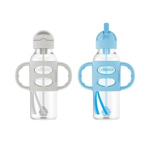 Dr. Brown's Milestones Narrow Sippy Straw Bottle, Spill-Proof with 100% Silicone Handles and Weighted Straw, 8 oz/250 mL, Gray & Blue, 6m+ Dr. Brown's Milestones Narrow Sippy Straw Bottle, Spill-Proof with 100% Silicone Handles and Weighted Straw, 8 oz/250 mL, Gray & Blue, 6m+
