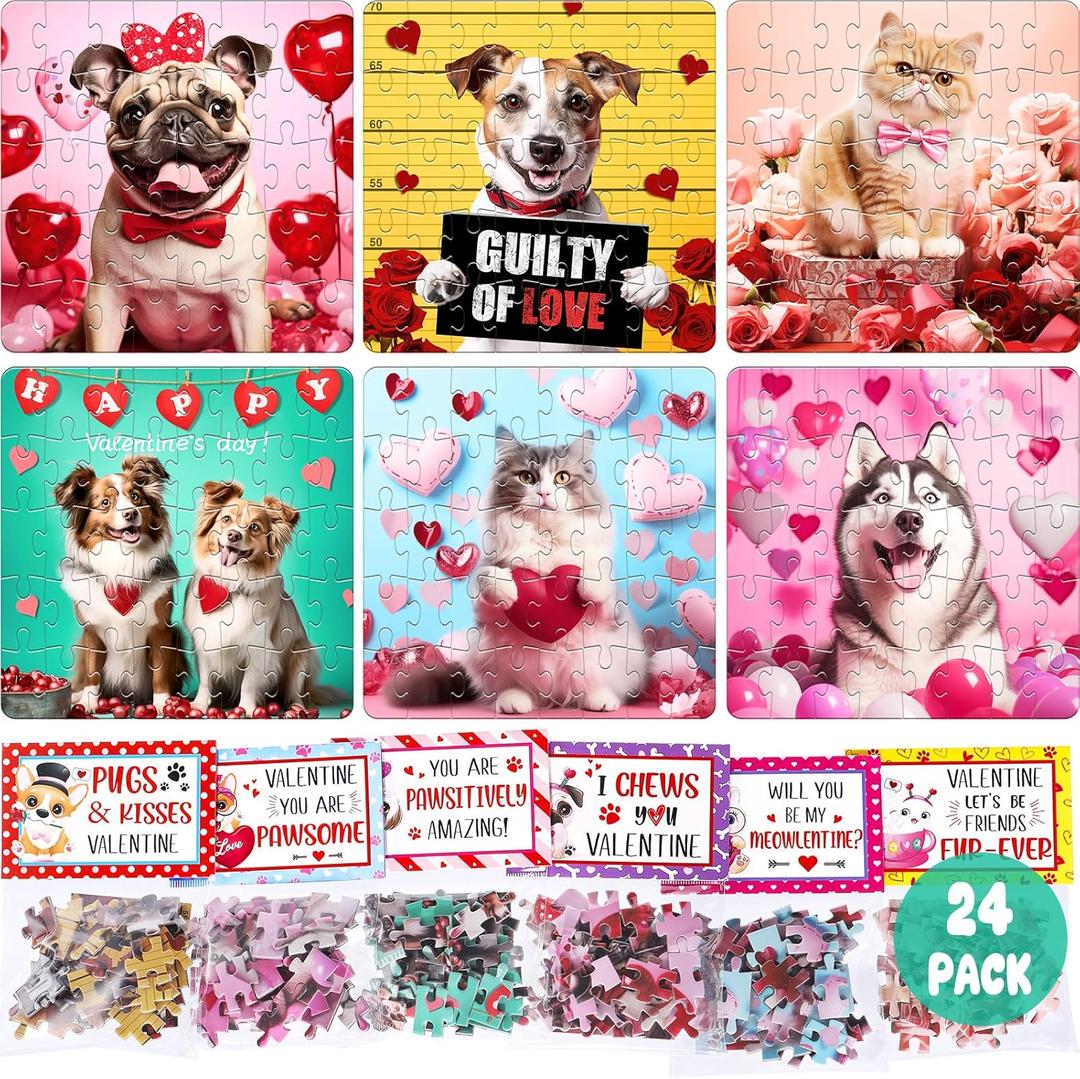 24PCS Valentines Day Cards for Kids School Classroom with Cat & Dog Jigsaw Puzzles Toys Birthday Gifts Party Favors for Toddlers Boys Girls Goodie Bag Stuffers Treat Bulk Valentine Day Exchange Gifts
