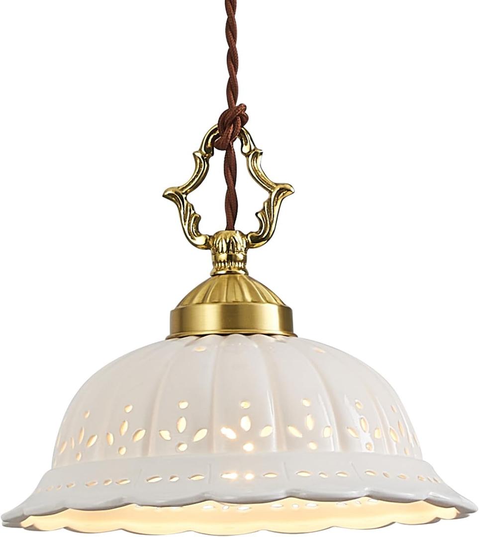 Brass Vintage Ceramic Pendant Light Fixture，Mid Cenrury White Ceramic Chandelier with Petal-Shaped Cutouts Hanging Light for Kitchen Island Dining Room Bedroom Hallway
