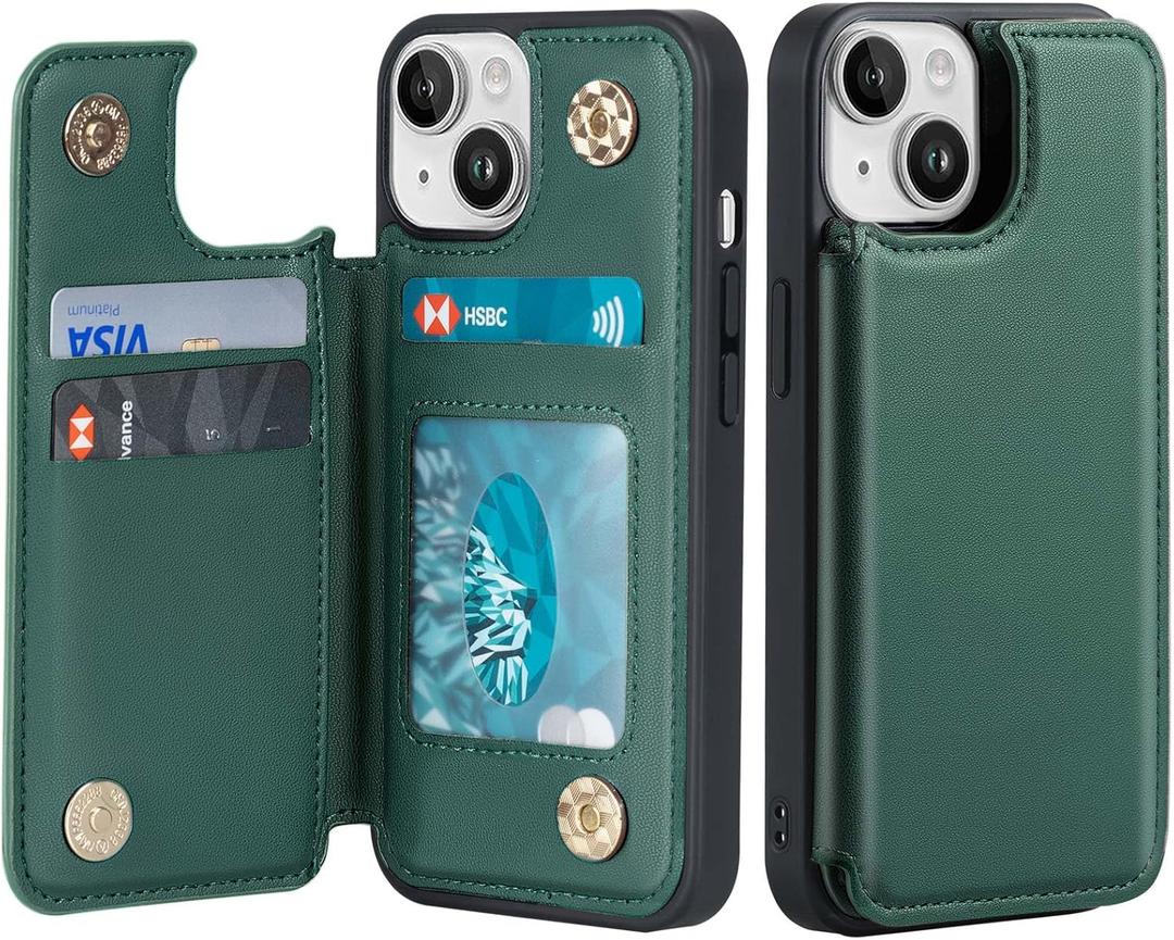 Wallet Case for iPhone 14, Leather Flip Folio Cover Magnetic Clasp Pocket with 3 Card Holder for iPhone 14 (
Green
)