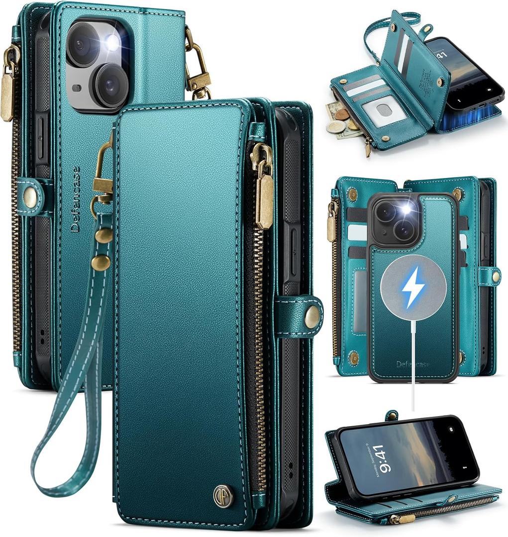 Defencase for iPhone 15 Magnetic Wallet Case Compatible with Magsafe with RFID Blocking Zipper & Card Holder for Women Men, PU Leather Strap Detachable Phone Case for iPhone 15 (6.1 inch), Blue Green
