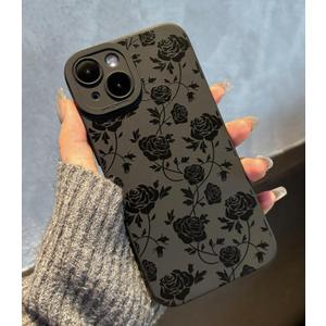 for iPhone 13 Case 6.1 Inch 2021, Aesthetic Rose Floral Print Phone Case for Women Girls Men, Slim Silicone Protective Phone Cover for iPhone 13, Black Flower