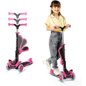Kids Scooter  Foldable Seat  LED Wheel Lights Illuminate When Rolling  Children and Toddler 3 Wheel Kick Scooter  Adjustable Handlebar  Indoor and Outdoor- by Lifemaster (Pink)