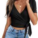 Crop Tops for Women Summer Cute Tops with Deep V Neck Shirts Sexy Unique Cross Wrap Slim Fit Tie Up Front Short Sleeve (XX-Large, 101-black)