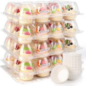12 Pack Dozen Cupcake Containers with 144 Liners Stackable Cupcake Carrier 12 Count Plastic Cupcake Boxes Cupcake Holders