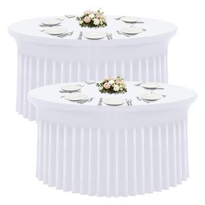 Moosfor Spandex Fitted 48 inch Round Tablecloth 2 Pack, Elastic Stretch Wrinkle Resistant 4FT Table Skirt, Washable Reusable Table Cover for Wedding, Banquet, Party Events, White