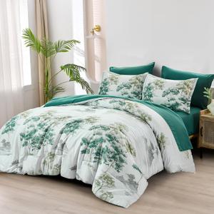 Dinjoy King Size Comforter Set, 7 Piece King Size Bed in a Bag, White Lightweight Comforter King, Bed Sets King, Flower Bedding Sets with Comforter, Fitted & Flat Sheets, Pillowcases & Pillow Shams (Green)