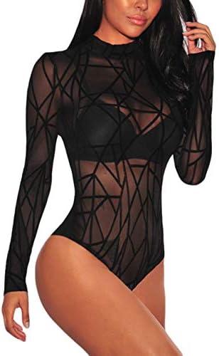 SEBOWEL Women Long Sleeves Mesh See Through Jumpsuit Bodysuit Top Leotard, Medium, Black 