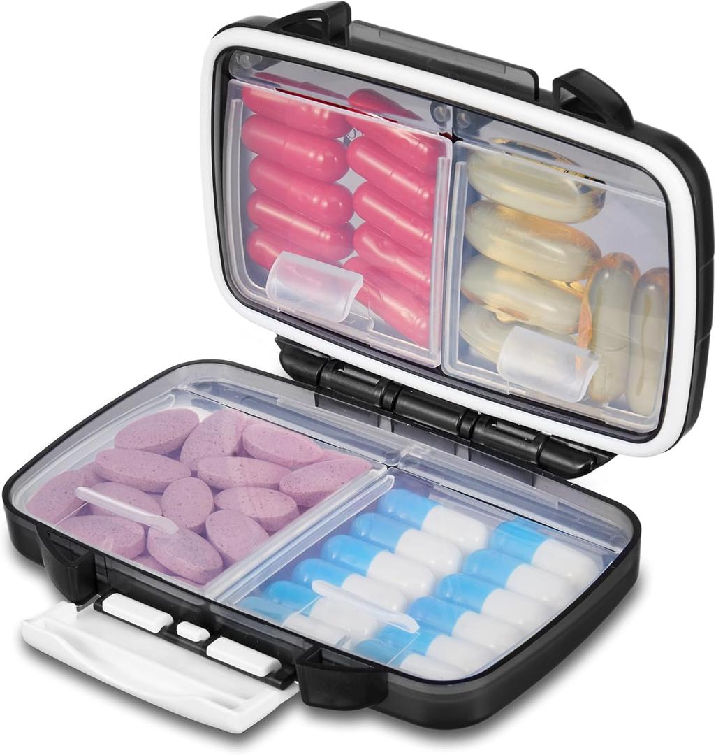 Fullicon Travel Pill Organizer, 4 Compartments Portable Pill Case, Moisture Proof Small Pill Box with Labels, Travel Pill Case with Double Lock, Pocket Pharmacy for Vitamin D3 & Fish Oil (Black) (1 Pack)