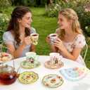 280PCS Spring Tea Party Decorations, Floral Paper Tea Cups & Saucer Set, Disposable Floral Cups With Handle Napkins Plates Knives Forks for Girls Kids Afternoon Tea Birthday, Wedding Party Supplies