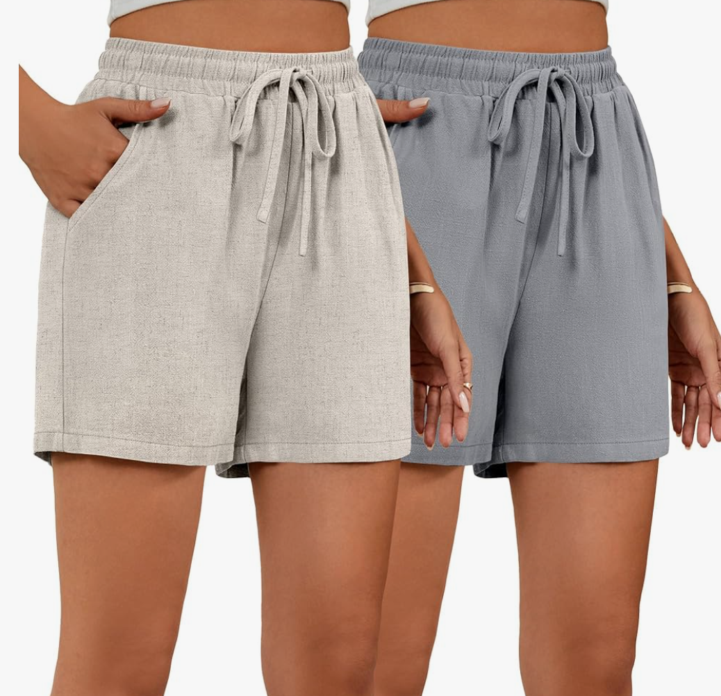 Ficerd 2 Pack Women's Linen Wide Leg Shorts, Casual High Waisted Drawstring Shorts Pant Comfy Summer Beach Short with Pockets M