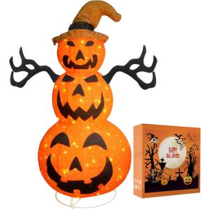 3.9 FT Pre-Lit Halloween Pumpkin Decorations Outdoor for Porch, Plug in 120 Orange LED 8 Twinkle Modes Light Up Pumpkin Decorations with Witch Hat, Pop Up Jack-o-Lantern Indoor Halloween Decor