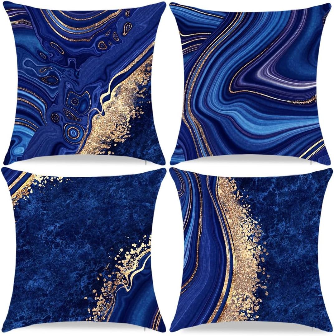 Navy Blue and Gold Throw Pillow Cover Set of 4 Blue Modern Marble Texture Pillow Covers 18x18 inh Soft Decorative Pillow Cases for Home Couch Living Room Bedroom Sofa