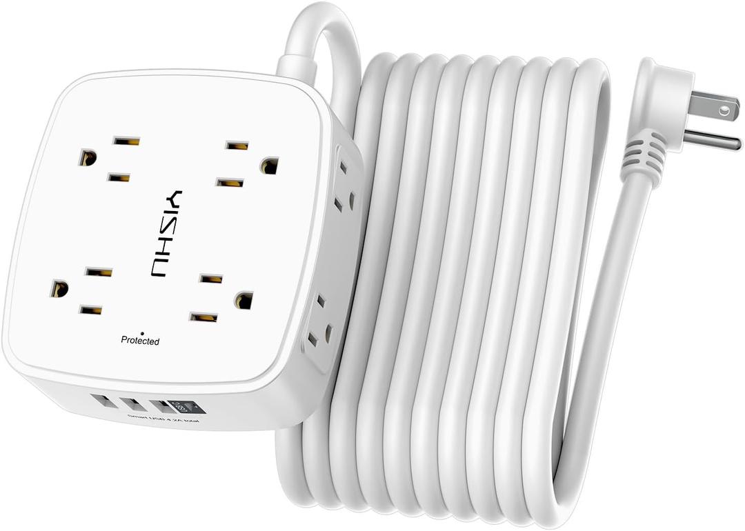 20 Ft Surge Protector Power Strip - 8 Widely Outlets with 4 USB Ports, 3 Side Outlet Extender with 20 Feet Extension Cord, Flat Plug, Wall Mount, Desk USB Charging Station, ETL, White