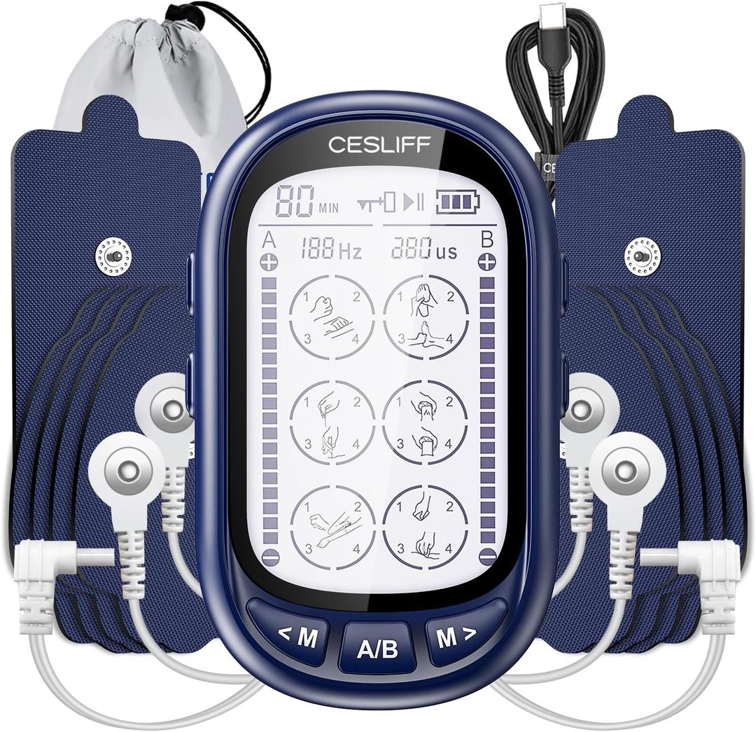 Dual Channel TENS EMS Unit Large Screen 24 Modes 36 Levels Intensity Muscle Stimulator, Rechargeable Electric Pulse Massager TENS Machine for Lower Back Neck Shoulder Pain Relief with 10 Pads (Blue)