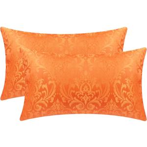 CaliTime Fall Pack of 2 Throw Pillow Covers Cases for Couch Sofa Home Decoration Vintage Damask Floral Shining & Dull Contrast 12 X 20 Inches Bright Orange