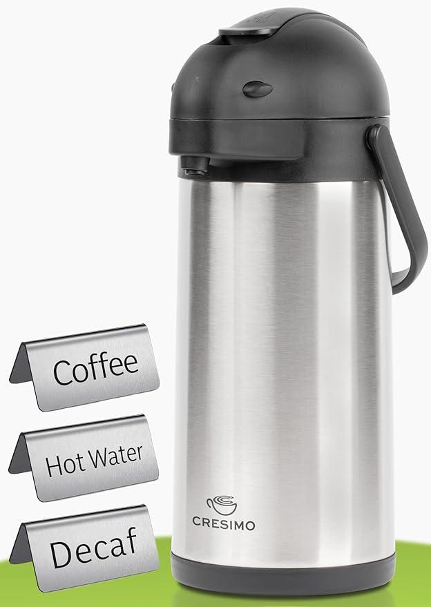 Cresimo 102oz Airpot Coffee Dispenser with Pump & Stainless Steel Table Tent Signs - 3L Airpots for Hot Beverages