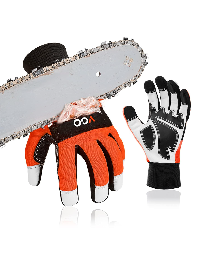 Vgo... Chainsaw Gloves, 12-Layer Chainsaw Protection on Both Hand Back, leather Work Gloves, Mechanic Gloves M