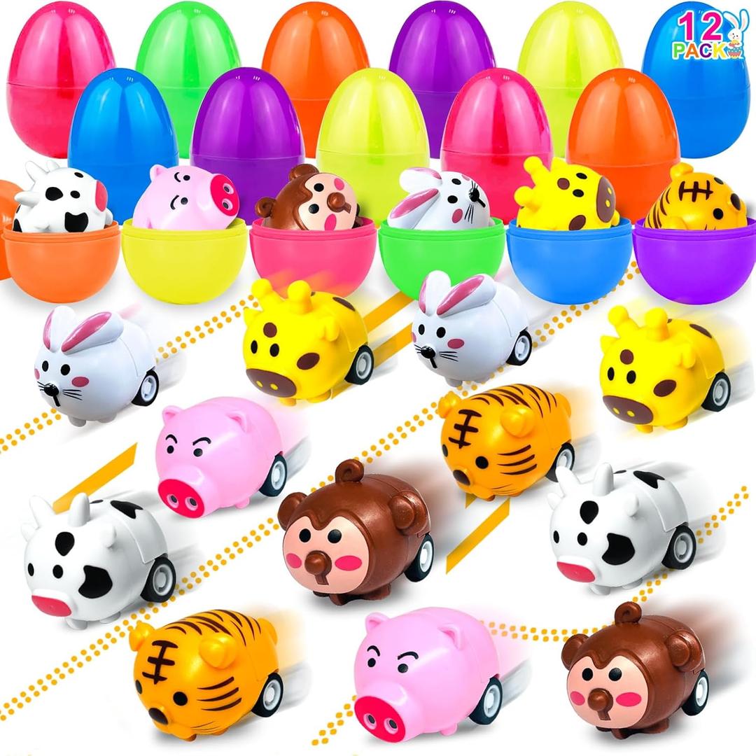 12 Pack Filled Easter Eggs with Toys Inside, Animals Bunny Pull Back Cars Easter Eggs Filled for Kids Boys Girls Easter Egg Hunt Party Favors Easter Basket Stuffers Essential Filler Classroom Prize