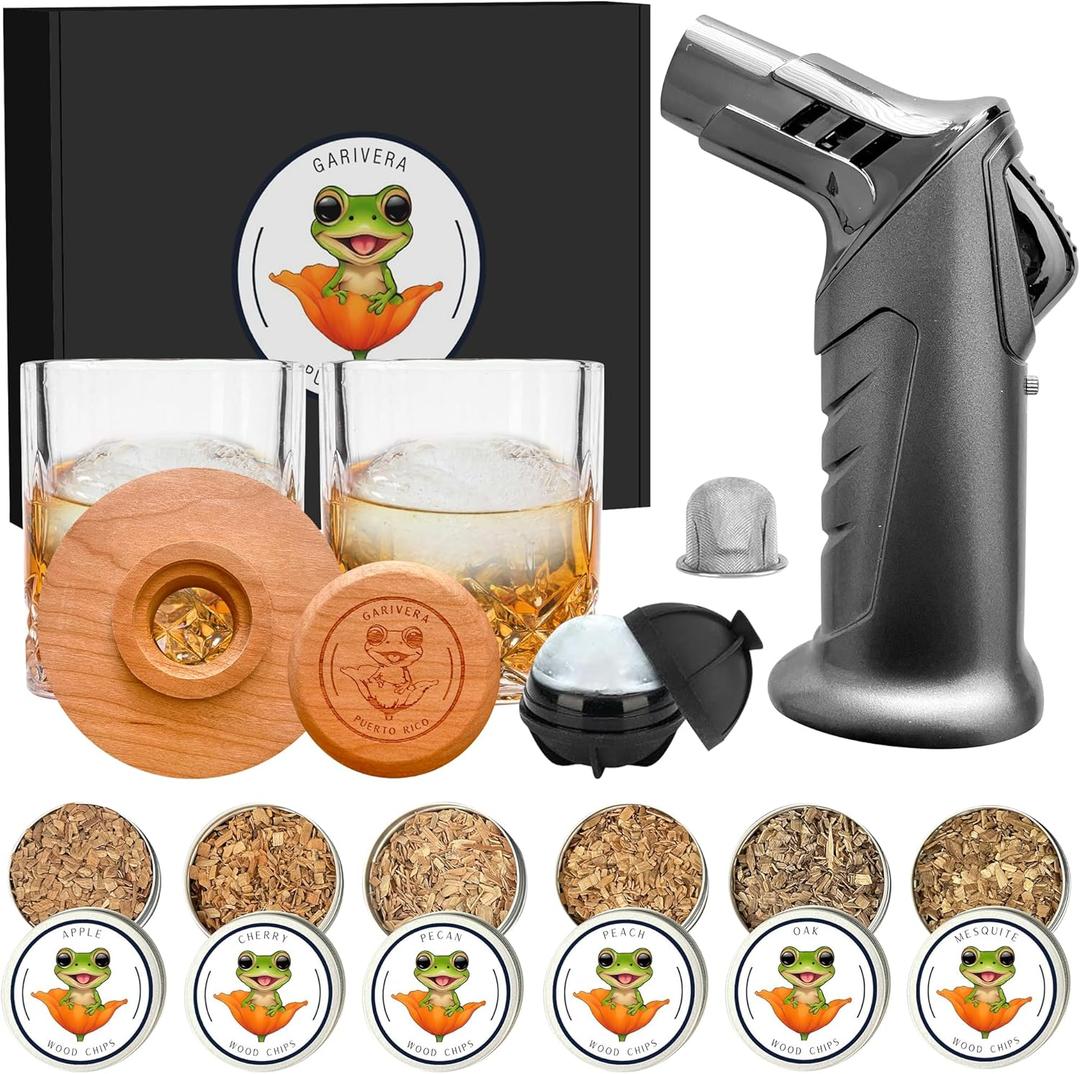 Cocktail Smoker Kit with 2 Rocks Glasses, 6 Wood Chip Flavors,Torch (No Butane), Ice Mold
