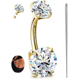 GEMQUEEN Moissanite G23 TItanium Belly Button Ring 18K Gold Plated Hypoallergenic Internally Threaded Belly Rings 14G Navel Piercing Jewelry For Women Men D Color VVS1 Clarity Brilliant Cut