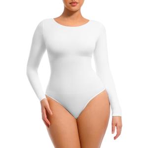 FeelinGirl Tummy Control Bodysuit for Women Long Sleeve Shapewear Thong Body Suit (X-Large-XX-Large, White)