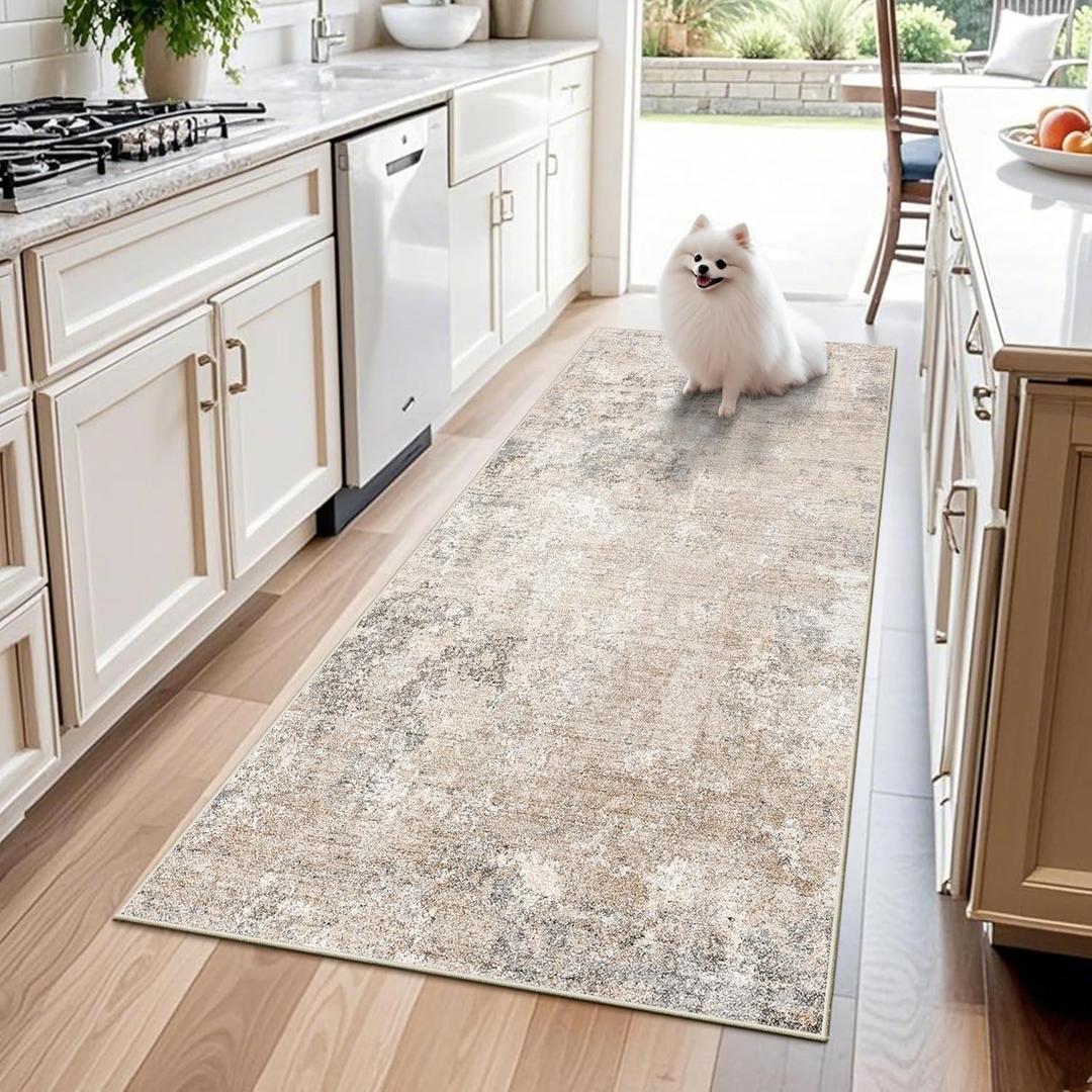 3x6 Non-Slip Washable Kitchen Rug - Soft Wide Indoor Carpet Runners for Entryway, Hallway, Bathroom with Rubber Backing, Modern Distressed Low-Pile Thin Floor Runner (Beige Grey,3x6)