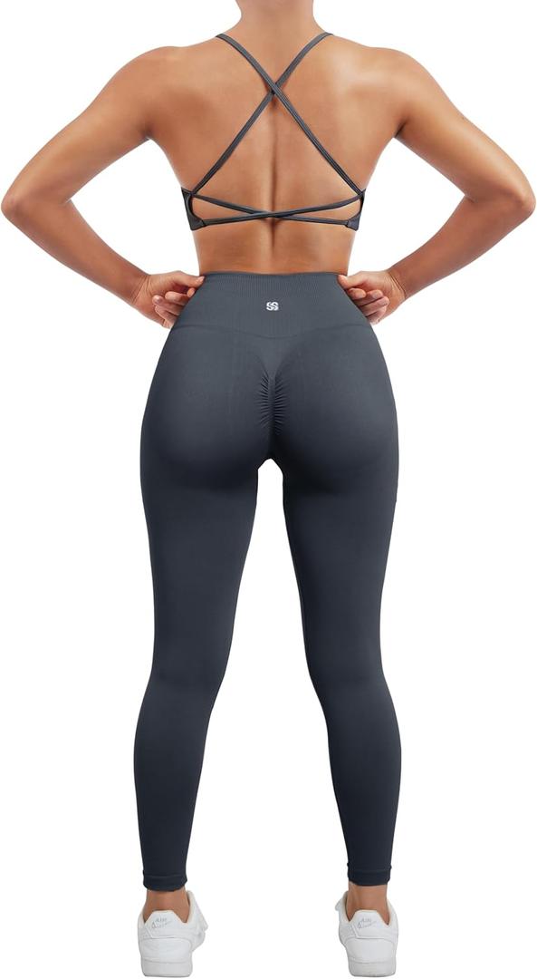 SUUKSESS Women Seamless 2 piece Workout Sets Strappy Padded Sports Bra Booty High Waisted Leggings Outfits (Blue,L)