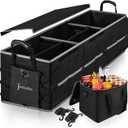Collapsible Trunk Organizer for Car with Insulated Leak proof Cooler Bag, 3 Compartments SUV Cargo Organizer Removable Dividers, 5 in1 Car Storage Organizer with Foldable Lid,2 Tie-Down Straps(Black)