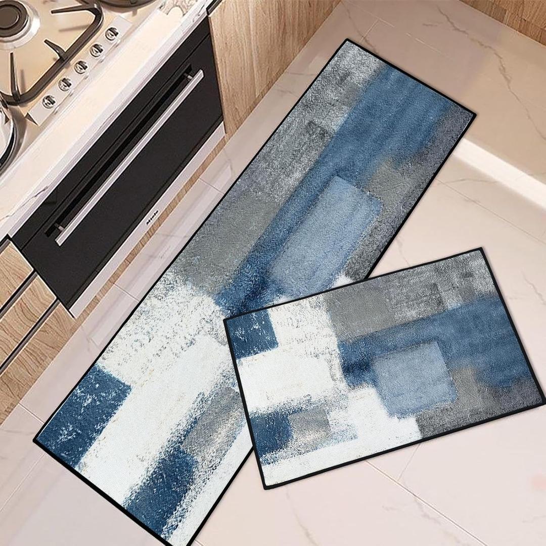 Blue Kitchen Rugs and Mats Non Skid Washable Set of 2, Grey White Modern Abstract Mats for Floor, Geometric Painting Runner Rug Graffiti Art Kitchen Decor