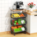 4-Tier Fruit Storage Basket, Fruit Vegetable Cart With Solid Wood, Kitchen Storage Rack With Rollers For Pantry