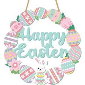 Easter Decorations Wooden Bunny Easter Wreath for Front Door Decor, Bunny Eggs Wood Wreath Decoration, Farmhouse Easter Decoration Welcome Door Wreath for Outdoor Indoor Window Hanging Decor