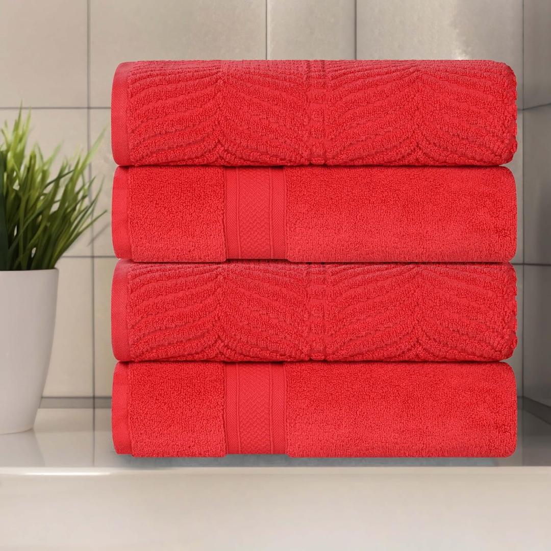 Superior Cotton Chevron Bath Towel Set, Zero Twist, Large Plush Absorbent Body Towels, Luxury Soft Quick Drying, Shower, Spa, Hotel, Pool, Guest Bathroom, Home Essentials, Set of 4, Red