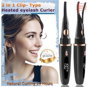 Heated Eyelash Curlers - 2 in 1 Clip- Type Heated lash Curler Electric Eyelash Curler LED Display 3 Temp Settings for Makeup Tools USB Rechargeable Natural Curling 24H Long Lasting-A1A