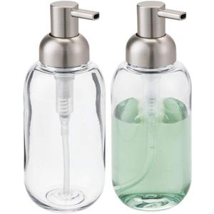 mDesign Round Plastic Refillable Liquid Soap Dispenser Pump Bottle for Bathroom Vanity Countertop, Kitchen Sink - Holds Hand Soap, Dish Soap, Hand Sanitizer, Essential Oils - 2 Pack - Clear/Brushed