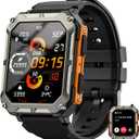 Military Smart Watch for Men(Answer/Make Call), 10 ATM Waterproof Outdoor Sports Fitness Tracker with/Blood Pressure/Heart Rate/Sleep Monitor, Rugged Tactical Smartwatch for Android & iPhone(2 Bands) (Orange + Camo)