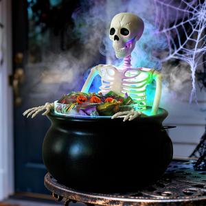 HOMELEX Large Black Plastic Witches Cauldron with Smoke LED Halloween Skeleton Candy Bowl Decoration Indoor Outdoor Party Table Decor