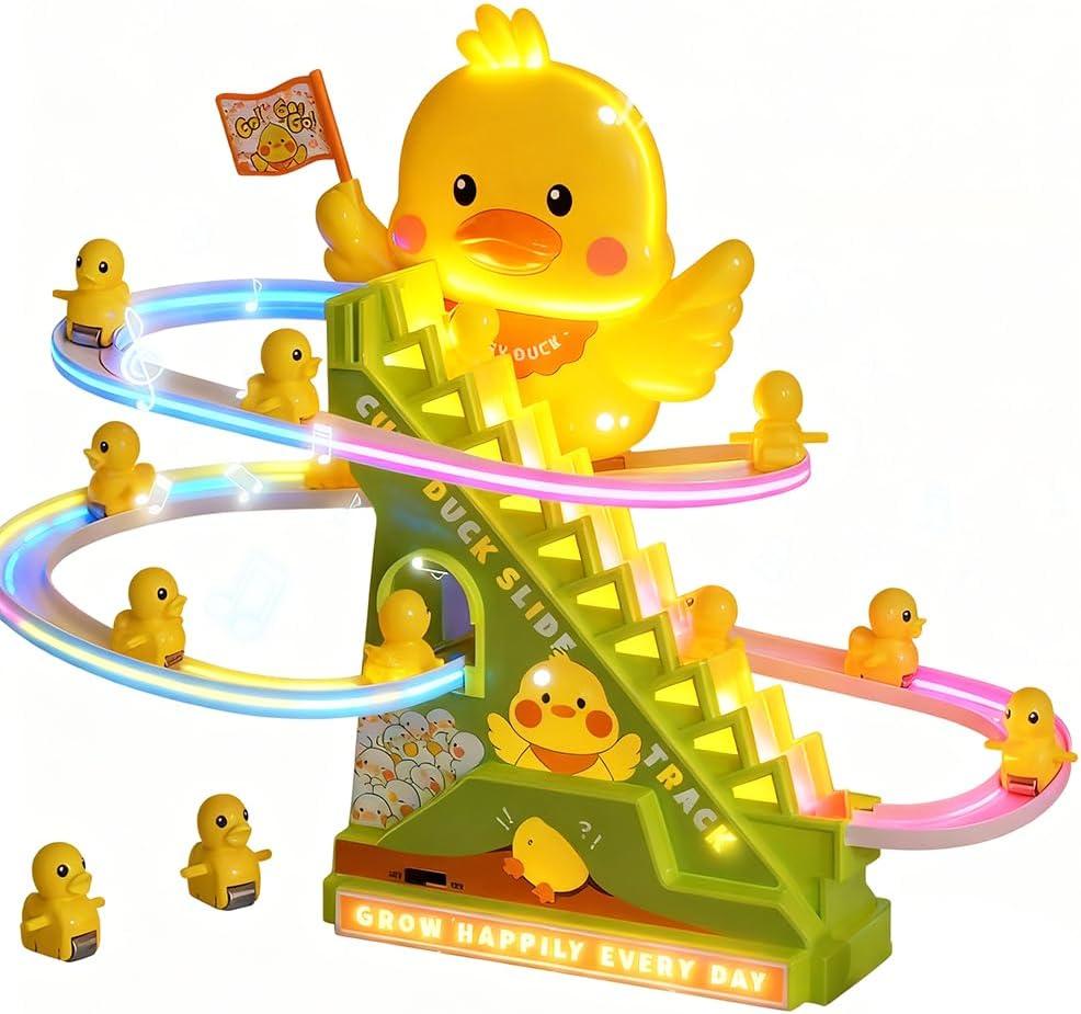 Duck Climbing Toy Set Electric Light Slide Climbing Toys for Automatic Stairs,Playful Santa Race Game Christmas Roller Climbing Toys with LED Light and Music for Toddlers Boys Girls
