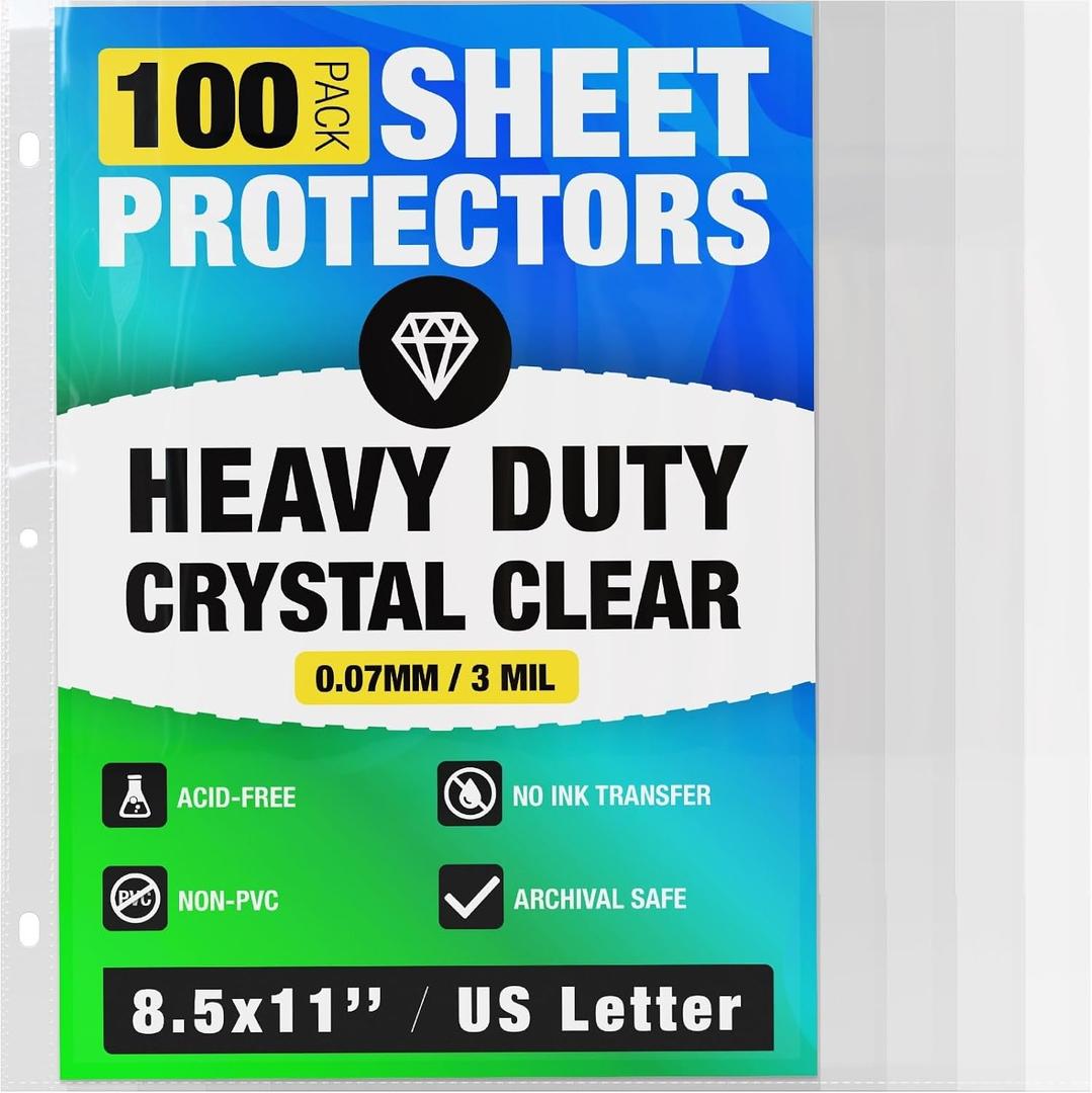 100 Pack of 8.5x11 Heavy Duty Crystal Clear Sheet Protectors for 3 Ring Binder, Plastic Page Sleeve Protectors for Paper Document (100 Pack, 8.5 x 11'' - 1 Pocket)