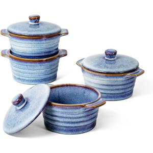 UNICASA 8 oz Ceramic Ramekins with Lid, Mini Casserole Dish with Handles Set of 4, Porcelain Small Baking Dish, Round Small Cocotte Oven Safe, Reactive Glaze (Denim Blue)