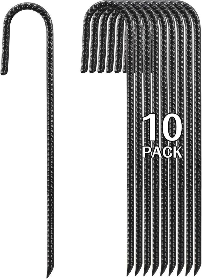 16 Inch Rebar Stakes Heavy Duty, 10 Pack J-Shaped Tent Stakes, Ground Anchor Stakes for Landscaping Plants Fabric Tube Fence, Black
