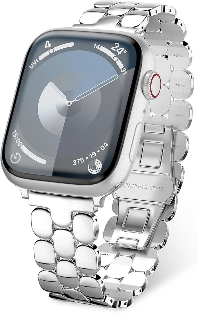 Compatible with Apple Watch Band 41mm 40mm 38mm Women, Cute Stainless Steel Metal iWatch Band for iWatch Series 9/SE/SE2/8/7/6/5/4/3/2/1, Pretty Shiny Look