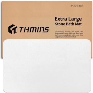 THMINS White Stone Bath Mat, 24''x16'' Non-Slip Diatomaceous Earth Stone Bath Mat, Super Absorbent Quick Drying for Bathroom, Easy to Clean, 23.6x15.4''