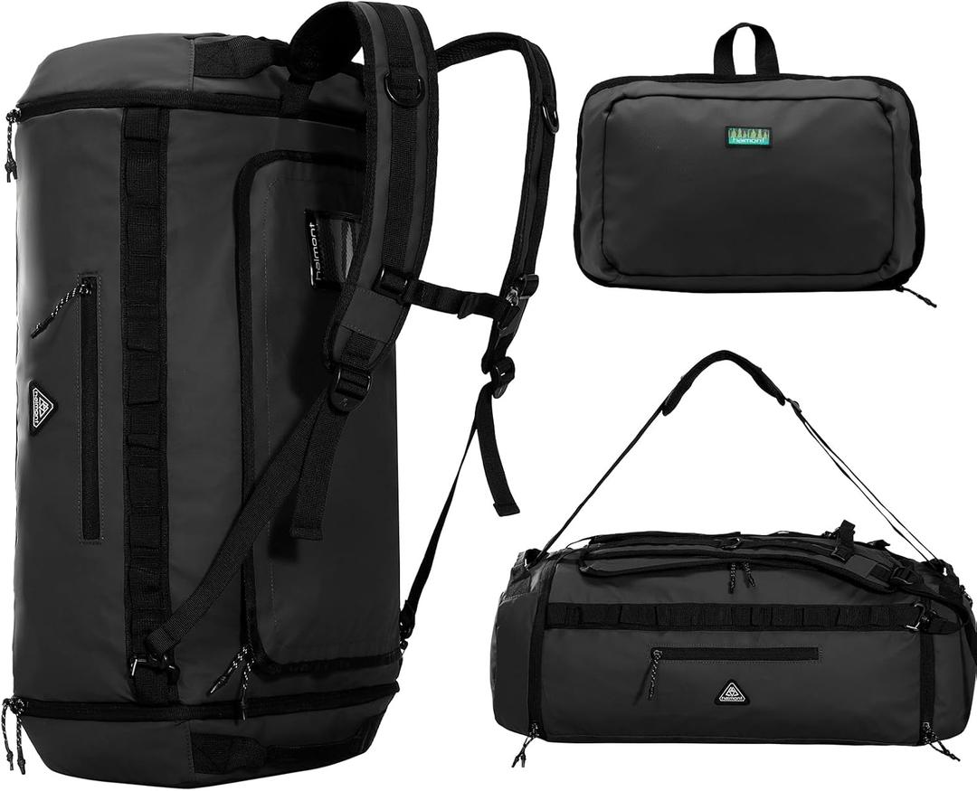 Haimont Foldable Duffel Bag Backpack with Shoe Compartment Water Resistant Large Travel Duffle Bag for Men Women to Hiking Camping Gym Sports, 50L, Upgrade, Black (Black)
